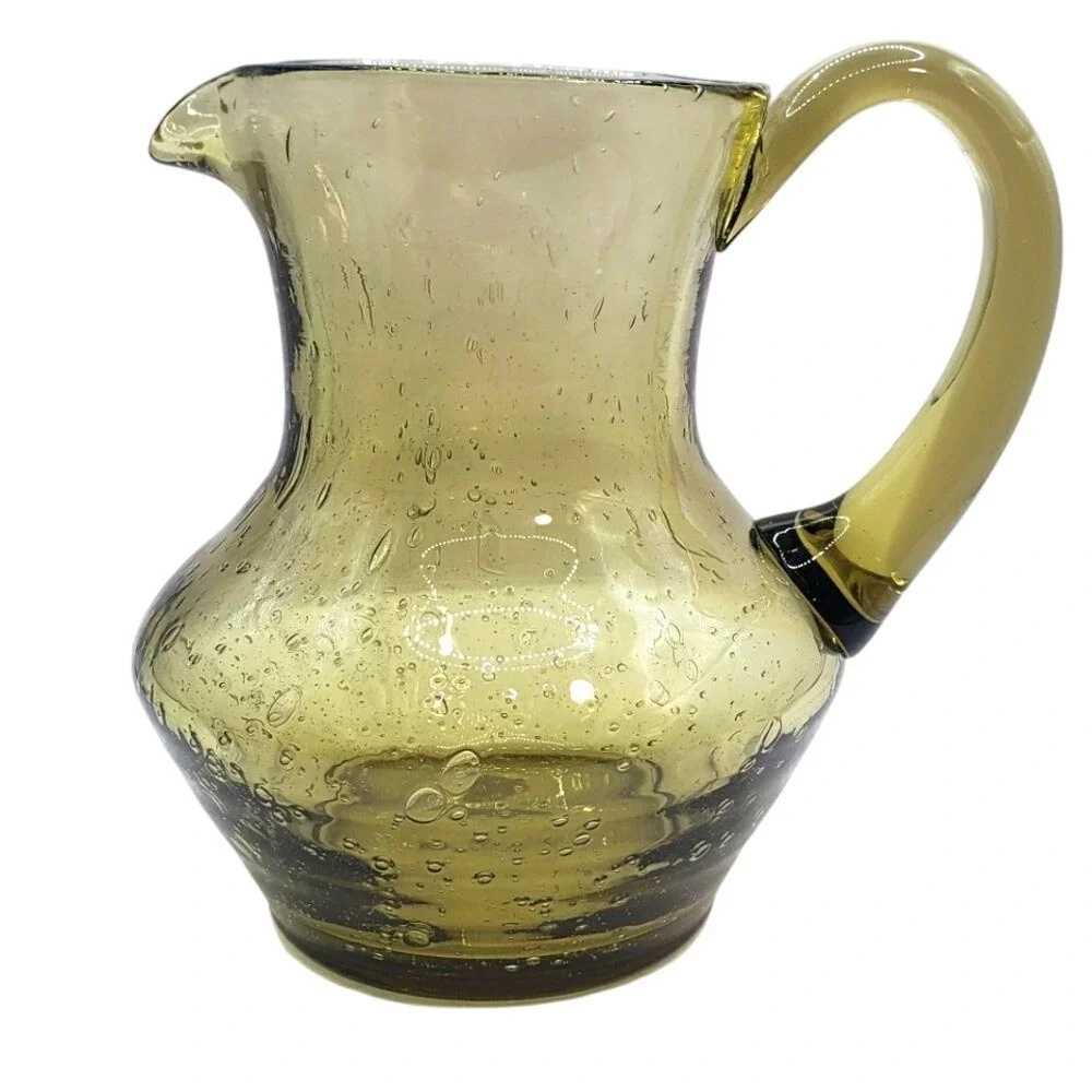 Hand Blown Glass Pitcher Green Bubbles‎ Small Vintage Serving Carafe